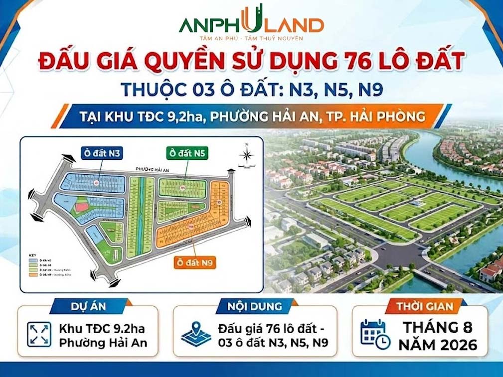 Thông báo đấu giá 76 lô đất thuộc 03 ô đất N3, N5, N9 tại khu TĐC 9,2ha phường Hải An, TP. Hải Phòng tháng 8 năm 2026